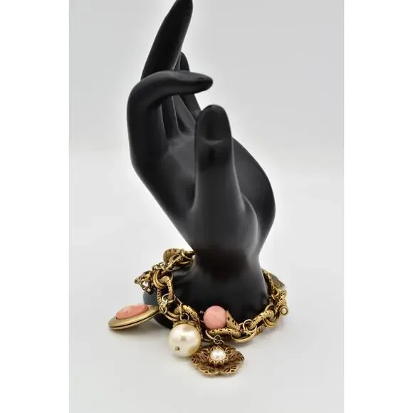 Carolee Vintage Charm Locket Bracelet Antiqued Gold Pink Floral Signed 80s BinBR - Picture 6 of 12
